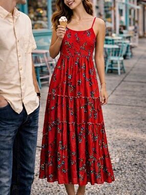 Jaase Red Floral Boho Maxi Dress Sz S Tiered Smocked Sundress Cottagecore Y2K